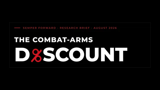 Title card reading "The Combat-Arms Discount", a Semper Forward research brief, August 2026, with the "i" struck through as a percent sign